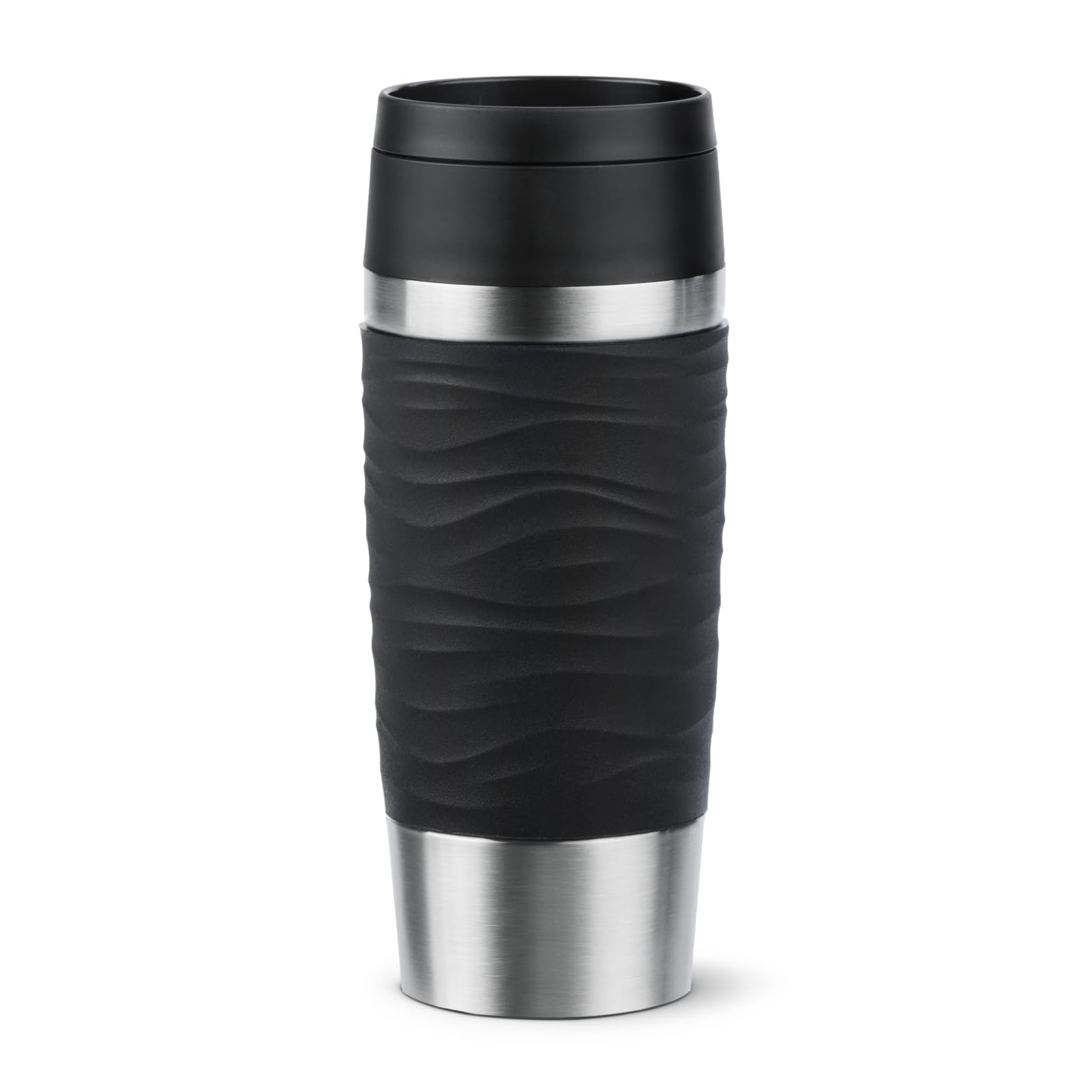 Emsa Travel Mug 360ml Wave Thermobecher, neuer Komfort-Schraubverschluss, Isolierbecher Edelstahl, 4h heiß und 8h kalt, 100% dicht, spülmaschinenfest, 360°-Trinköffnung, schwarz, N20212