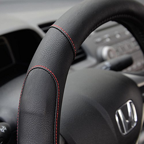 Image of Motor Trend Ergonomic Steering Wheel Cover /Protector for Small Size Steering Wheels in Cars, SUVs, Boats (13.5-14.5 inch) - Grip Drive Pro Comfort Grip (Black /Red Stitching)