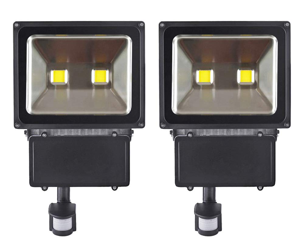 Greenmigo 2X 100W Foco LED con Sensor de Movimiento,Blanco Calido 3000K Reflector Foco Proyector LED para Exteriore,Súper Brillante luz de Seguridad para Jardín,Garaje,Campo Deportivo