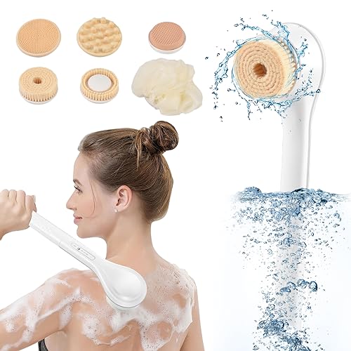 Vusddy Cepillo de espalda eléctrico para la ducha – Cepillo corporal de baño impermeable con 6 cabezales de limpieza – Cepillo corporal eléctrico para spa, ducha, exfoliante, masaje