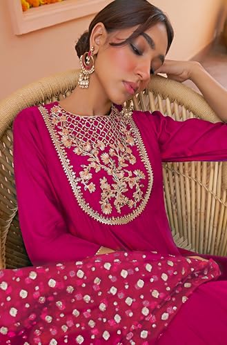 Janasya Indian Women's Chanderi Silk Pink Yoke Embroidered Festive Wear Kurta Set for Women2