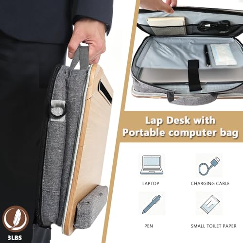Image of Portable Lap Desk 14-17 Inch Laptops, Storage Bag | Light wood-toned finish, padded cushion, straps & storage for home car travel