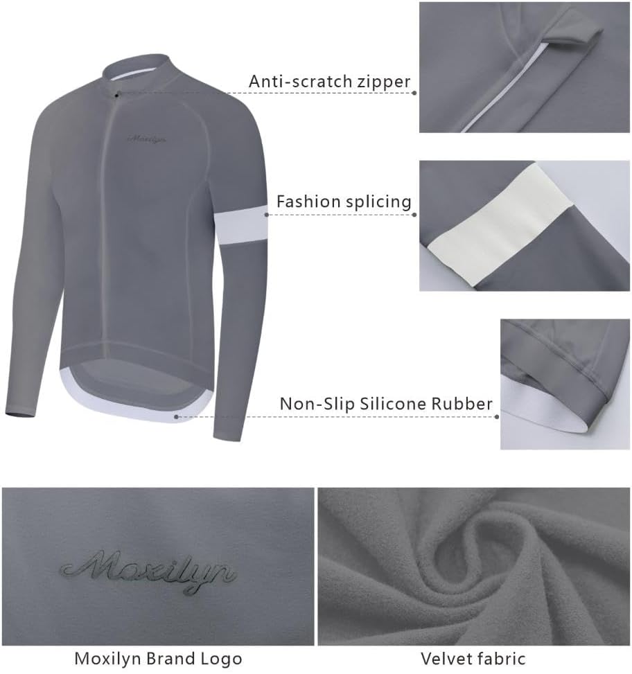 MOXILYN Winter Men's Cycling Jerseys Long Sleeve Thermal Fleece Cold Weather Cycling Jackets Warm Bike Tops Zipper Pocket Gray