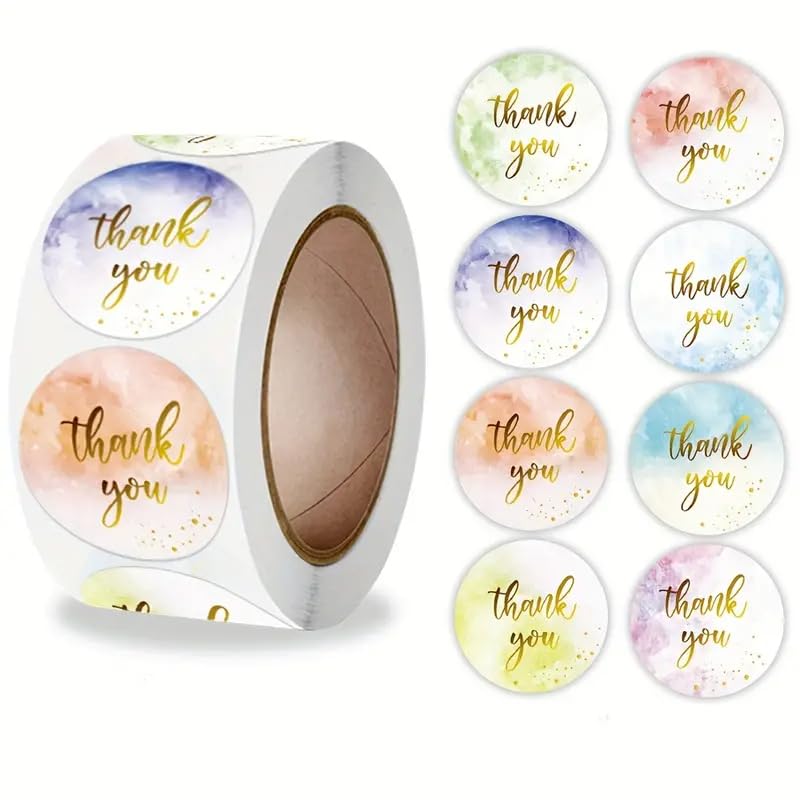 Image of Alokik Enterprise 1000 Pcs Thank You Multicolor Watercolor Stickers, Round Thank You Adhesive Sticker for Small Business Wedding Supplies Packing Stickers Gift Wrap (2 Decoration Stickers Roll)