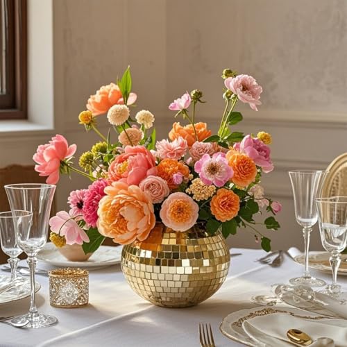 Image of 6 Pcs Disco Ball Vase,5 inch X 6 inch Disco Ball Centerpieces,Glass Disco Ball Planter Mirror Disco Ball Decor Can Be Used for Wedding Centerpieces,Birthday,Office(Gold)