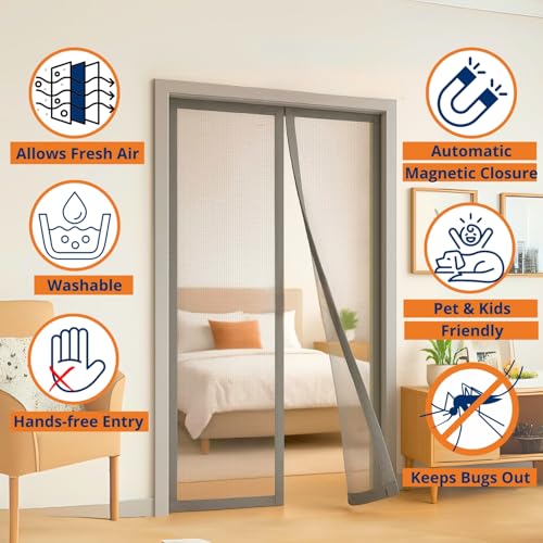 Image of Royalkart 90x215cm Grey | Magnetic Mosquito Net for Door | Fiberglass Screen Curtain with 34 Magnets | Auto-Closing Mesh to Keep Mosquitoes Out