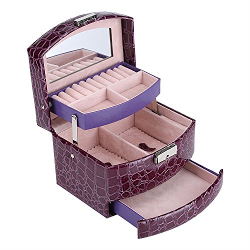 Schmuckkästchen, 3 Ebenen, mit Spiegel und Griff, für Halsketten, Ringe, Armbänder, Violett Cover