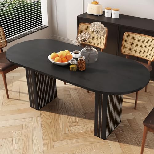 Image of 70.8 Inch Kitchen Dining Table for 4-6 People, Oval Kitchen Table with Wood Strip Base, Modern Farmhouse Large Round Dining Room Tables for Home Living Room (Black)
