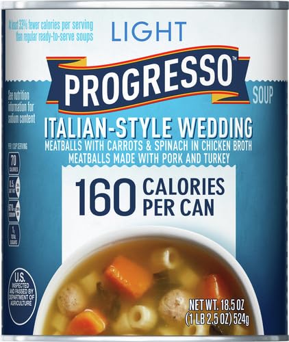 Image of Progresso Light Italian-Style Wedding Canned Soup, 18.5 oz | 160 Calories per Can, Pork & Turkey Meatballs with Carrots & Spinach in Chicken Broth, No Artificial Flavors or Colors