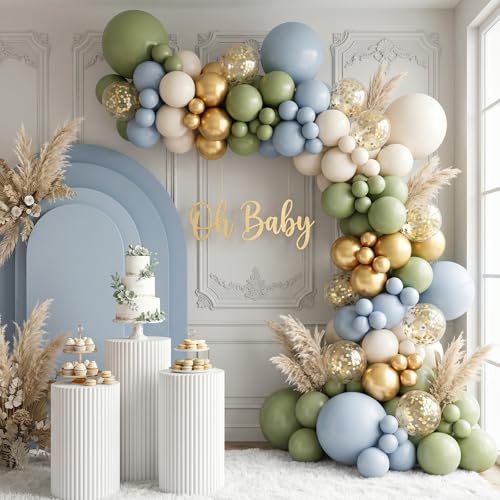 Image of RUBFAC 135pcs Dusty Green Balloons Different Sizes Pack of 18 12 10 5 Inch, Latex Boho Sage Green Balloon Garland Arch Kit for Wedding Dinosaur Jungle Safari Birthday Party Decorations