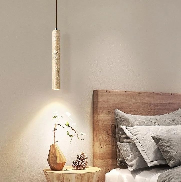 Suspension en bois de noyer et tube en pierre jaune de grotte 28cm