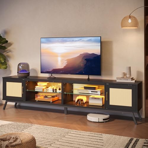 Bestier 80 Inch Black Rattan TV Stand with Storage for 85 Inch TV, 4-in-1 Mid Century Modern Entertainment Center with LED Lights, Doors and Adjustable Glass Shelves for Living Room - image 1