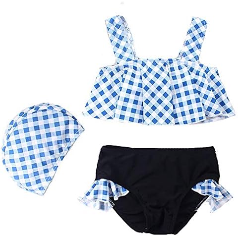 Echinodon Girls 3 Piece Bikini Set with Swimming Cap Kids Baby Swimsuit Swimwear - Blue - 6 Years Cover