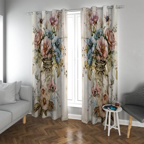 Cortinas oscurables Florales de Granja Vintage Tarros de Flores Chic con Estampado de poliéster Cortinas térmicas para Ventana oscuras para Habitaciones con Ojales 2 Paneles (W140xL230cm Cada uno)