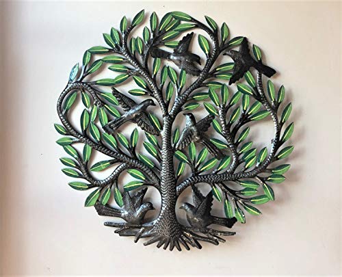 Painted Family Tree Of Life Wall Art, Colorful Haitian Steel, Handmade And Decorative, Home Decor Wall Hangings, Roots, Flowers, 24 In. X 24 In. (Green Tones Painted Tree) #TOP1