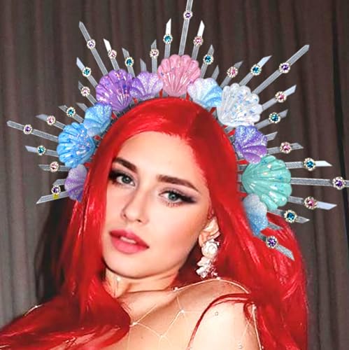 JeVenis diadema corona halo plata diadema sirena corona concha diadema de picos disfraz de sirena mujeres halloween cosplay renacimiento