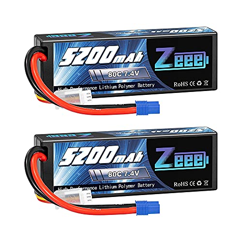 Zeee 7.4V 2S Lipo Battery 5200mAh 80C Hard Case Battery with EC3 Plug for 1/8 1/10 RC Vehicles Car RC Buggy Truggy RC Airplane Drone(2 Pack)