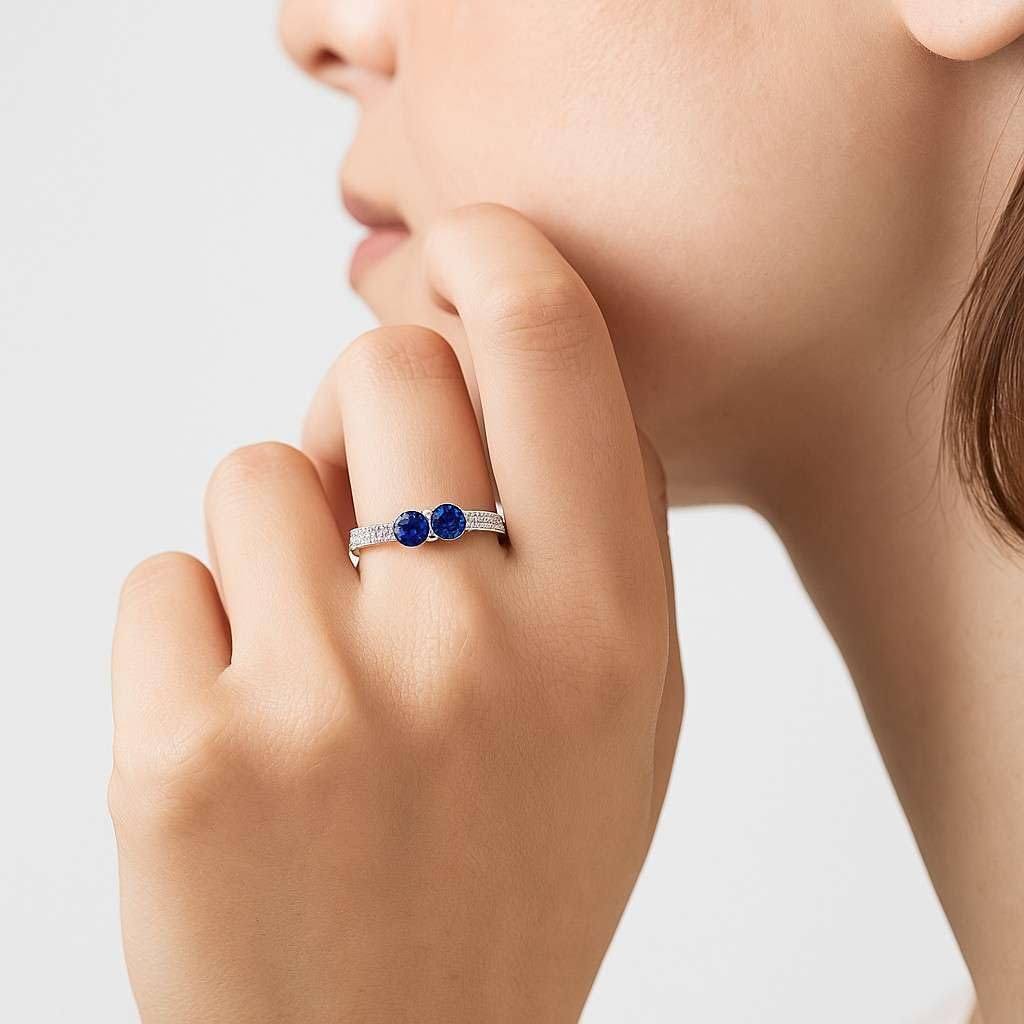 Two Stone Blue Sapphire Ring for Women in 14K Gold or 925 Sterling Silver – Natural Blue Sapphire with Lab-Grown Diamond Accents – Double Stone Promise Ring – September Birthstone Jewelry Gift