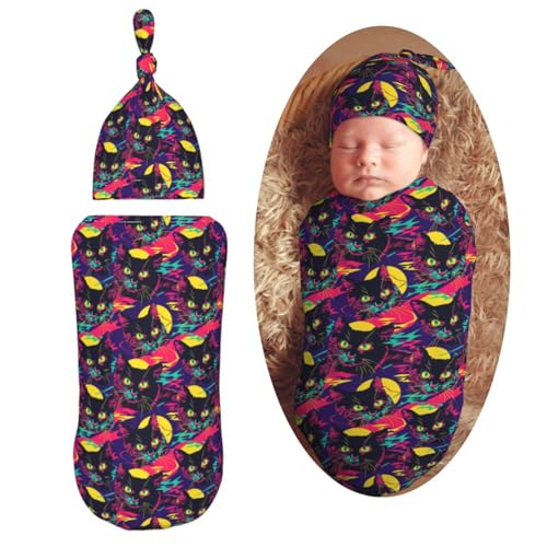Image of Neon Cats with Moon Newborn Swaddle Blankets Hat Sets Soft Baby Receiving Blanket Swaddle Sack for Baby Shower Infant Boy Girl Gift