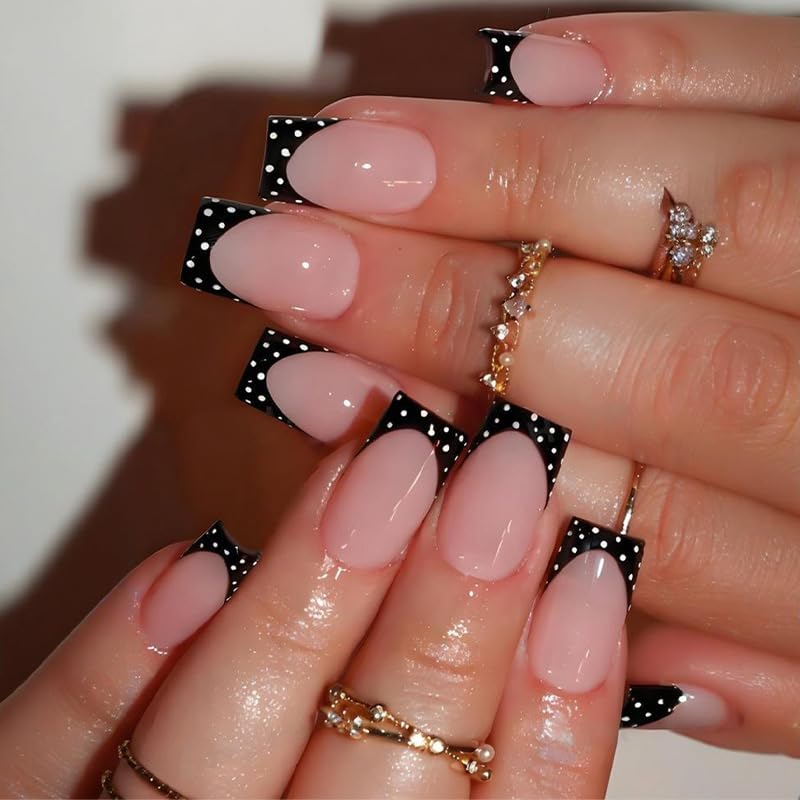 Black French Tip Press on Nails Short Square Fake Nails Polka Dots Acrylic Nails Glossy Glue on Nails with Cute White Dots Full Cover Stick on Nails for Women Manicure