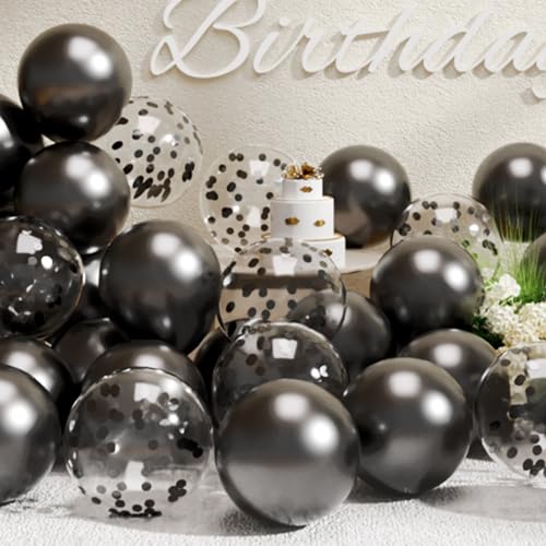 Image of SUWEN Black Metallic and Confetti Balloons Set 47PCS Latex Helium Chrome | Black Balloon for Birthday Graduation Anniversary Party Decorations