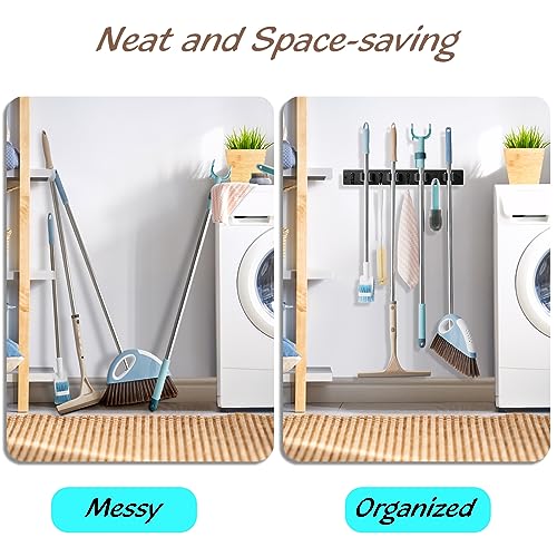 Image of OUTNILI Black Mop Broom Holder Wall Mount with 4 Slots & 4 Hooks - Rustic Wood Broom Mop Hanger for Pantry Closet Laundry Room Organization - Heavy Duty Garden Tool Organizer - Black Kitchen Decor