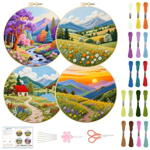 Image of BEUNITONE 4 Set Fairy Tale Landscape Embroidery Kit for Beginners 7.9 inchx7.9 inch Pre-Stamped Pattern Needlepoint Kits with Hoop, Tools & Instruction, Handamde Embroidery Kits for Fabric and Home Decor