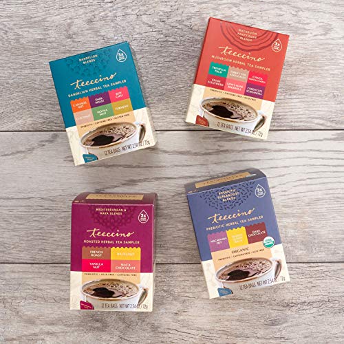 Teeccino Herbal Tea Gift Set - 48 Tea Bag Assortment In 4 Sampler Boxes With Decorative Gift Box - Prebiotic Superboost, Dandelion, Mushroom Adaptogen & Classic Herbal Tea Samplers, Caffeine Free #TOP1