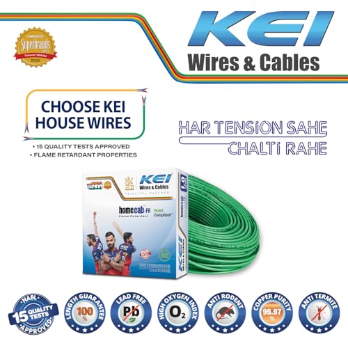 Image of KEI WIRES & CABLES Homecab 1 sqmm 1 Core Copper Flame Retardant House Wire PVC Insulated Cable for Domestic & Industrial Electrical Wiring (Green, 90 Meters)