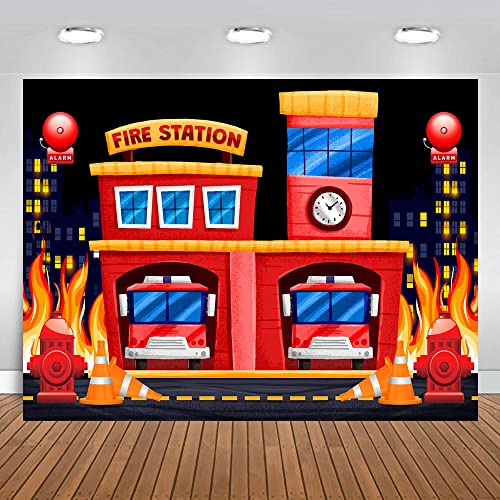 MTMETY 8x6ft Fire Station Backdrop Fire Truck Hydrant Alarm Photography Background City Silhouette Rescue Firefighter Party Supplies Decoration Photo Booth Studio Props Cake Table Banner BJME010
