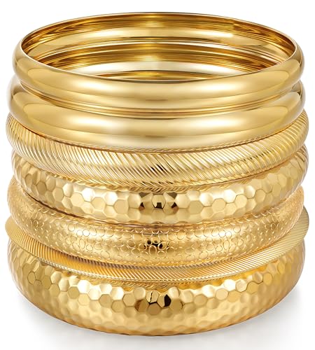 Chunky Gold Bangle Bracelets for Women, Dainty 14k Gold Plated