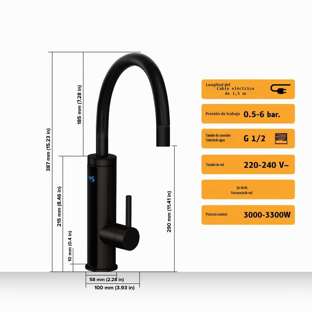 HOGART Grifo eléctrico con calentador de agua de 230 V para cocina, jardín, baño, caravana, camping, 2 accesorios, calentador inteligente, grifo con calentador de agua instantáneo, grifo de agua