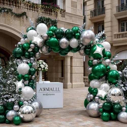 Image of Emerald Green Silver Balloon Arch Double Stuffed White Pearl Balloon Kit | Dark Forest Green White with Silver Star Foil Balloon Garland for Birthday Christmas Anniversary Opening New Year Party Decor