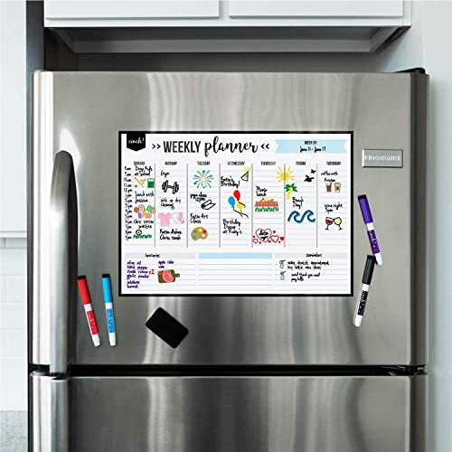 Magnetic Dry Erase Weekly Calendar Whiteboard For Fridge 17"X12" - 4 Fine Tip Markers And Large Eraser With Magnets - Meal Planner Magnetic Dry Erase - Fridge Whiteboard Planner, Weekly Wall Planner #TOP2