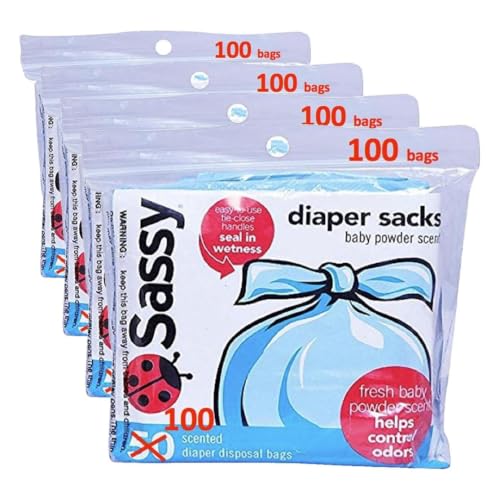 Image of Sassy Disposable Diaper Sacks, Powder Scented, 4-25 Sacks per Roll, Easy-to-Tie, Diaper Disposal or Pet Waste Bags 100 Count (Pack of 4)