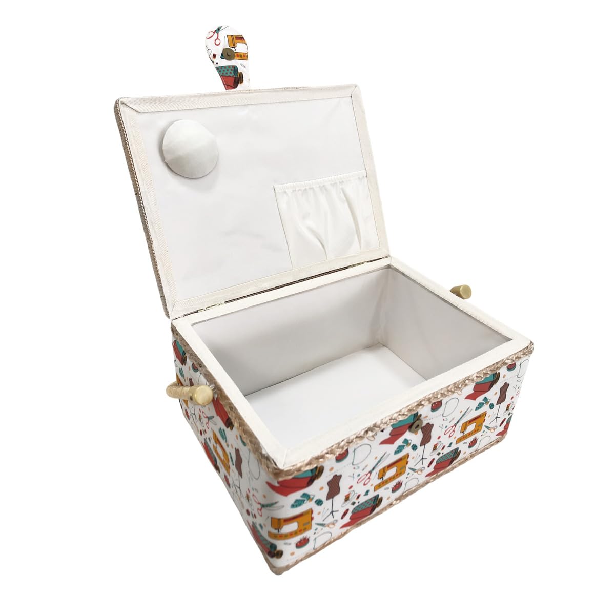 Medium Empty Wooden Sewing Box, Fabric Lined Sewing Box with 8 Compartments, Organizer with Pin, Storage Box with Handle, Tray for Accessories, (Medium, Sewing Machine) - Image 3