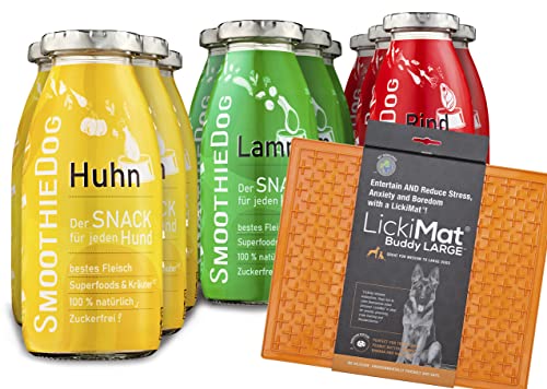 SmoothieDog 12er Pack Hundesmoothie + Lickimat Buddy L 30,5x25,5cm - 4xLamm, 4xRind, 4X Huhn - je250ml Probierpaket - Gluten und Zuckerfrei (Orange)