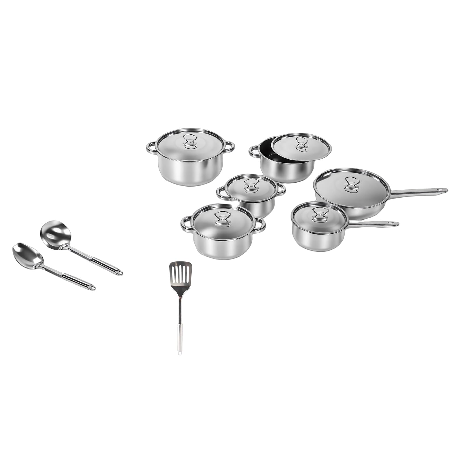 Zestaw Garnków ze Stali Nierdzewnej | 4 Garnki do Zupy, 2 Patelnie, 1 Łopatka, 2 Łyżki, Elegancki Design, Łatwe do Czyszczenia, dla Domu
