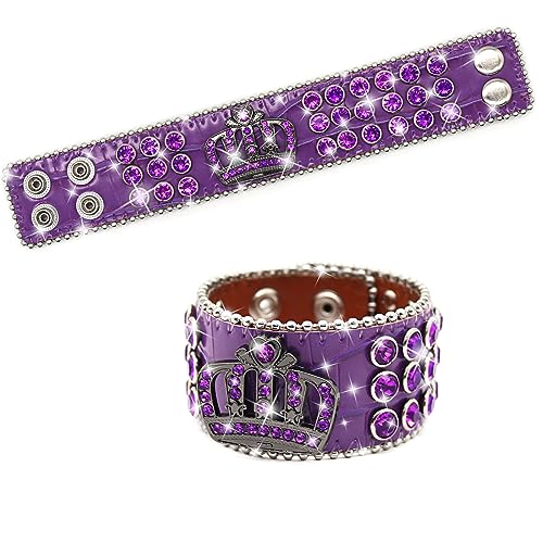 EVERBLTING Crown Rhinestone Bracelets For Men And Women, Leather Cuff Bracelet, Punk Bracelet, Studded Wristband, Fashion Bracelet, Adjustable Silver Leather Wristband (Purple)