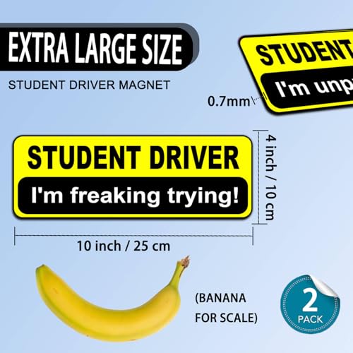 Image of NIMONA Student Driver Magnet for Car - Funny 2 Pack Please Be Patient Removable Magnetic Bumper Sticker Set - Reflective New Driver Safety Sign - Weather-Resistant - 10 x 4 inch (Yellow)