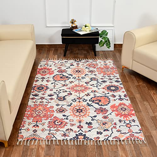 HOMADORN Handmade Sustainable Printed Modern Dhurrie/Rugs/Carpet upcycled from Scrap Fabric for Living Room/Bedside Runner for Enhanced Decor (3x5 feet)