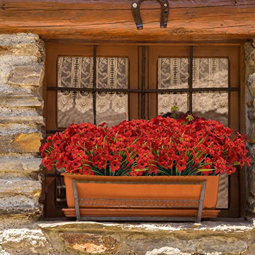 Cewor 16 Bundles Artificial Flowers For Outdoors, Fake Silk Flowers Faux Plants Uv Resistant For Hanging Planters Window Box Front Porch Indoor Outside Decorations (Red) #TOP3