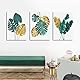 3 Panels Mit Rahmen Grüne Goldene Blätter Leinwand Bilder Tropische Monstera Palmblätter Bild auf Leinwand Malerei Wandbilder Schlafzimmer Wohnzimmer Badezimmer Wanddekoration 150x70cm (20x28x3pcs)