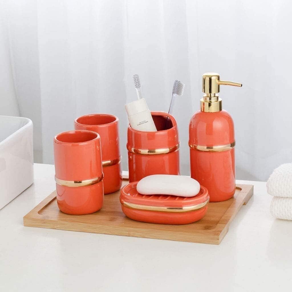 Bathroom Accessories Set Ceramic Bathroom Set with soap Dispenser Toothbrush Holder Glass and soap Dish Modern Design Rinse Cup Bathroom kit Accessories Bottles for Bath Lotion (Orange 6)