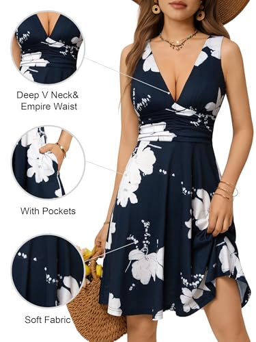 Image of OURIN Women's Spring Deep V Neck Sleeveless Floral Sundresses with Pockets Flowy Summer Dresses for Women