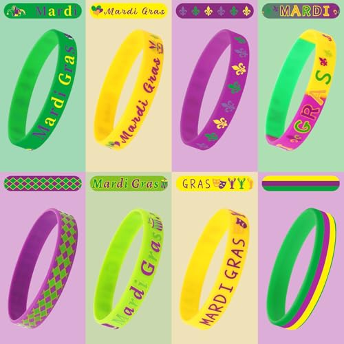 Image of JUNEBRUSHS 64Pcs Mardi Gras Silicone Rubber Wristbands Bracelets for Mardi Gras Carnival Party Supplies Decorations Goodie Bag Stuff Fillers Accessories (8 Designs)