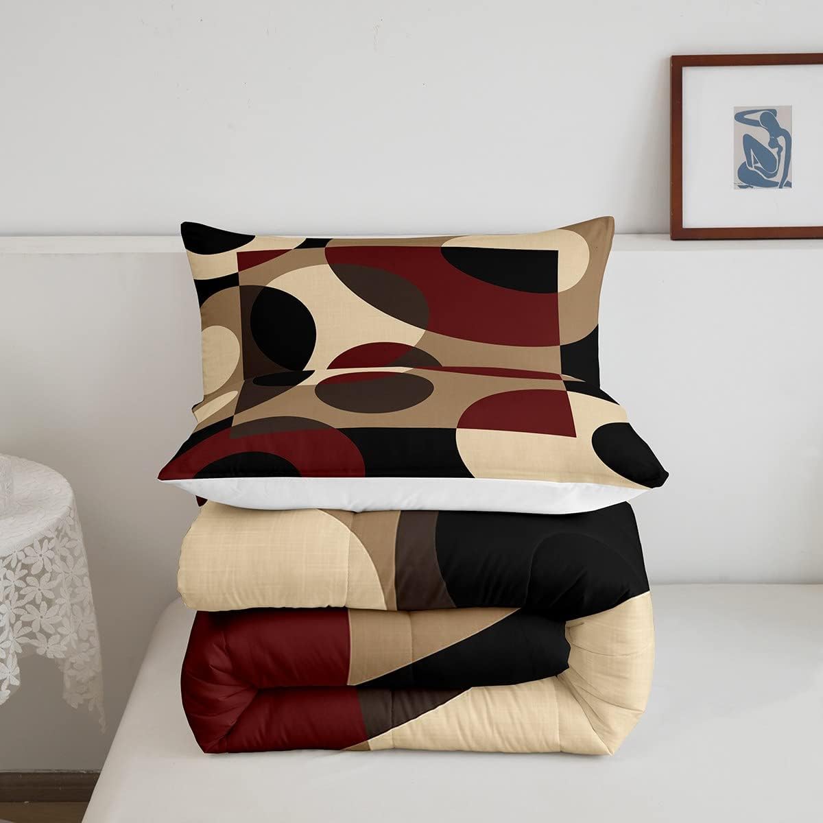 Red Geometric Quilt Circle Comforter Set,Abstract Swirls Lines Stripes Bedding Set Retro Geometric Duvet Insert,Rustic Modern Circle Psychedelic Urban Art Room Decor,Brown Black Down Comforter