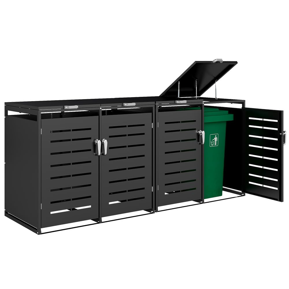 Mülltonnenbox 4er 240L Verzinkter Stahl, Wetterfeste Mülltonnenverkleidung mit Gasdruckfedern & Müll-Aufkleber, Anthrazit (Lieferung: 4 Pakete, 2X A+2X B)