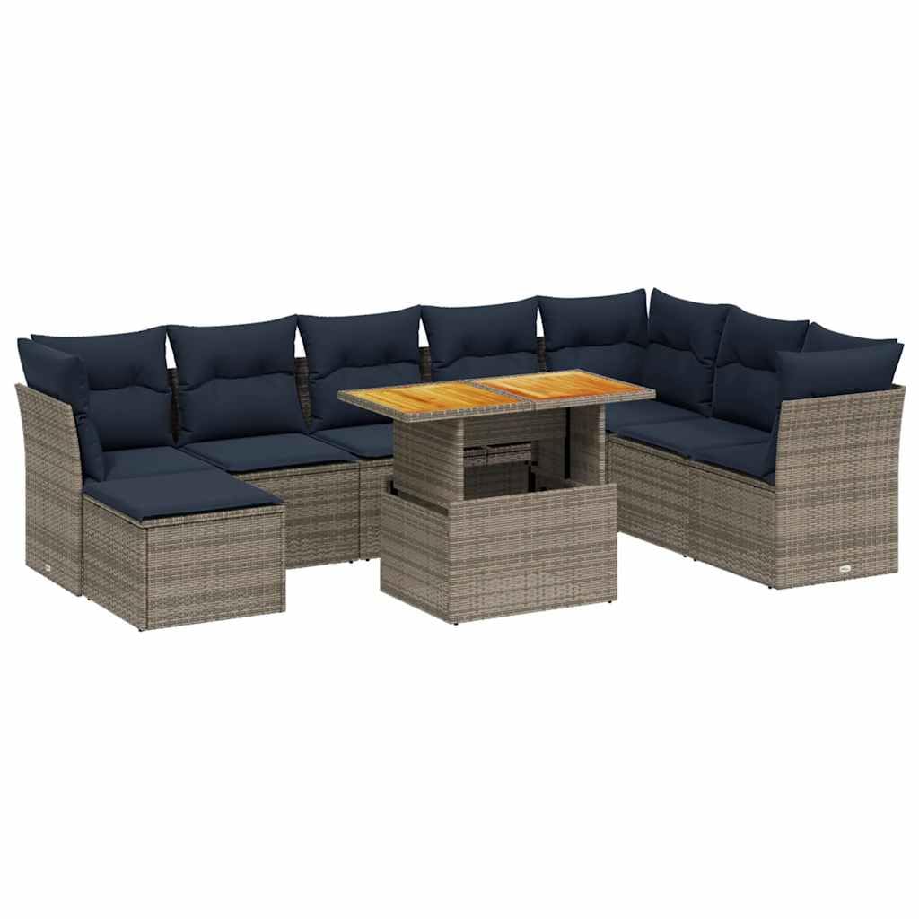 Juego de sofás de jardín de ratán sintético de 9 piezas, con mesa ajustable en altura de madera de acacia, conjunto de asientos modulares para patio y jardín, incluye cojines, color gris