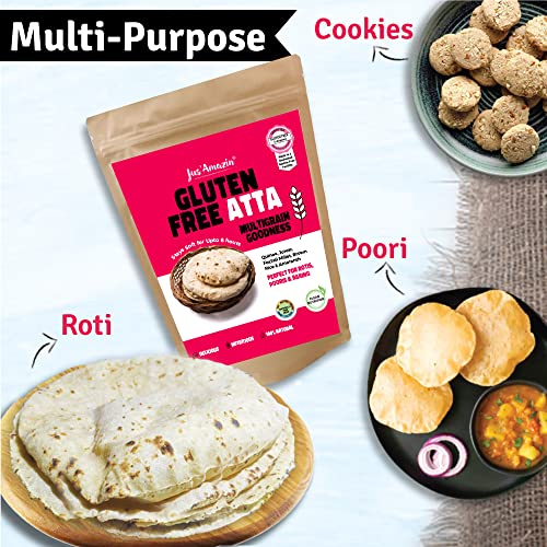 Image of Jus' Amazin Certified Gluten Free Atta (1kg) | Makes Fluffy & Soft Chapatis | Multigrain (Millets, Quinoa, Amaranth) | Certified Gluten Free (Lab Tested) | Multipurpose (Chapati, Poori, Paratha, Baking)